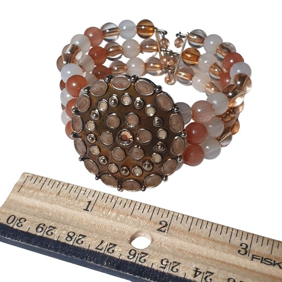 Women Cuff Bracelet Beaded Memory Wire Enameled Rhinestone Coral Peach Adjust - Picture 4 of 5